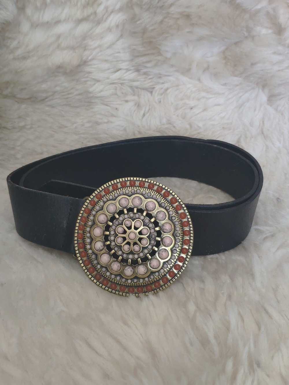 Danier Black Leather Belt with Decorative Coral and Cream Medallion Buckle